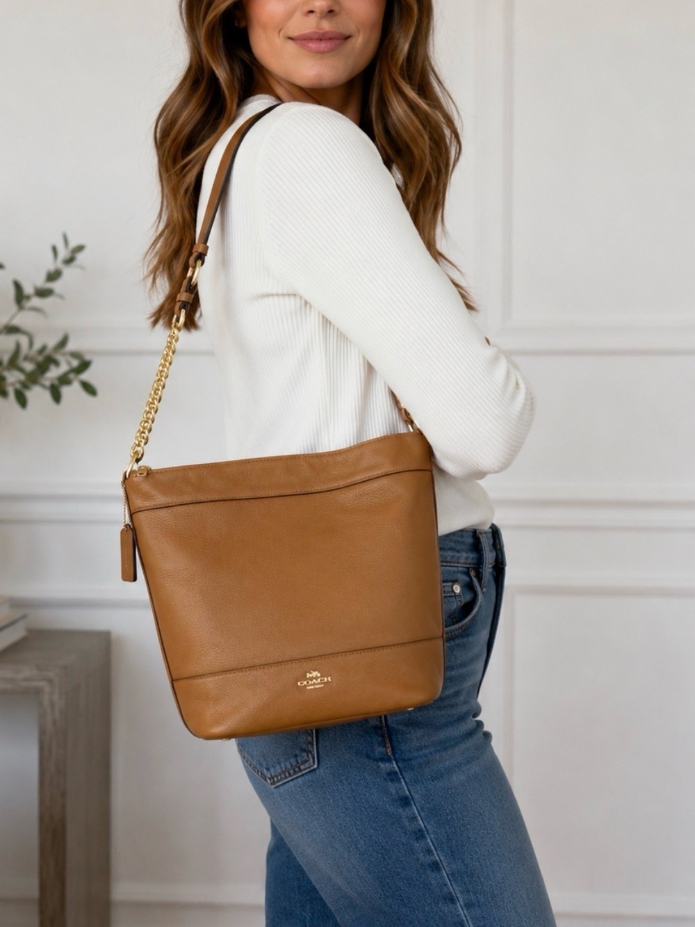 Coach Paxton Duffle Pebbled Leather Convertible Chain Strap Shoulder Bag Tan Cam